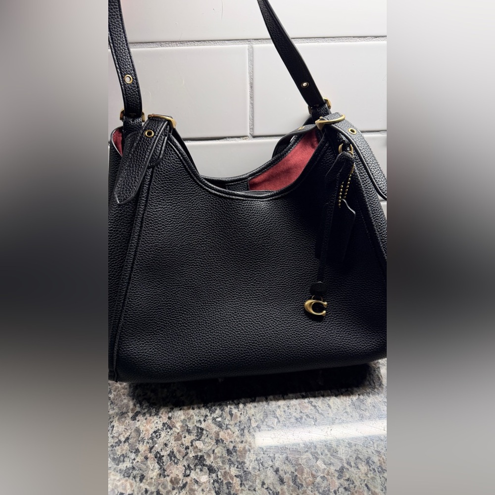 Coach Black Pebbled Leather Shoulder Bag with Red Interior